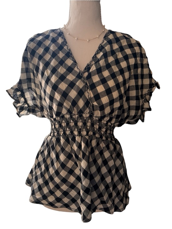 unknown Tops - Smocked Waist Black & White Gingham V‑Neck Blouse